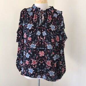 Cynthia Rowley large black ruffled neck cold shoulder long sleeve floral top.
